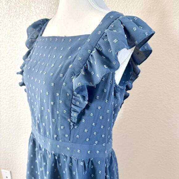Loemes Floral Fit & Flare Dress Womens Size Large Blue Ruffle Strap Textured - Picture 14 of 15